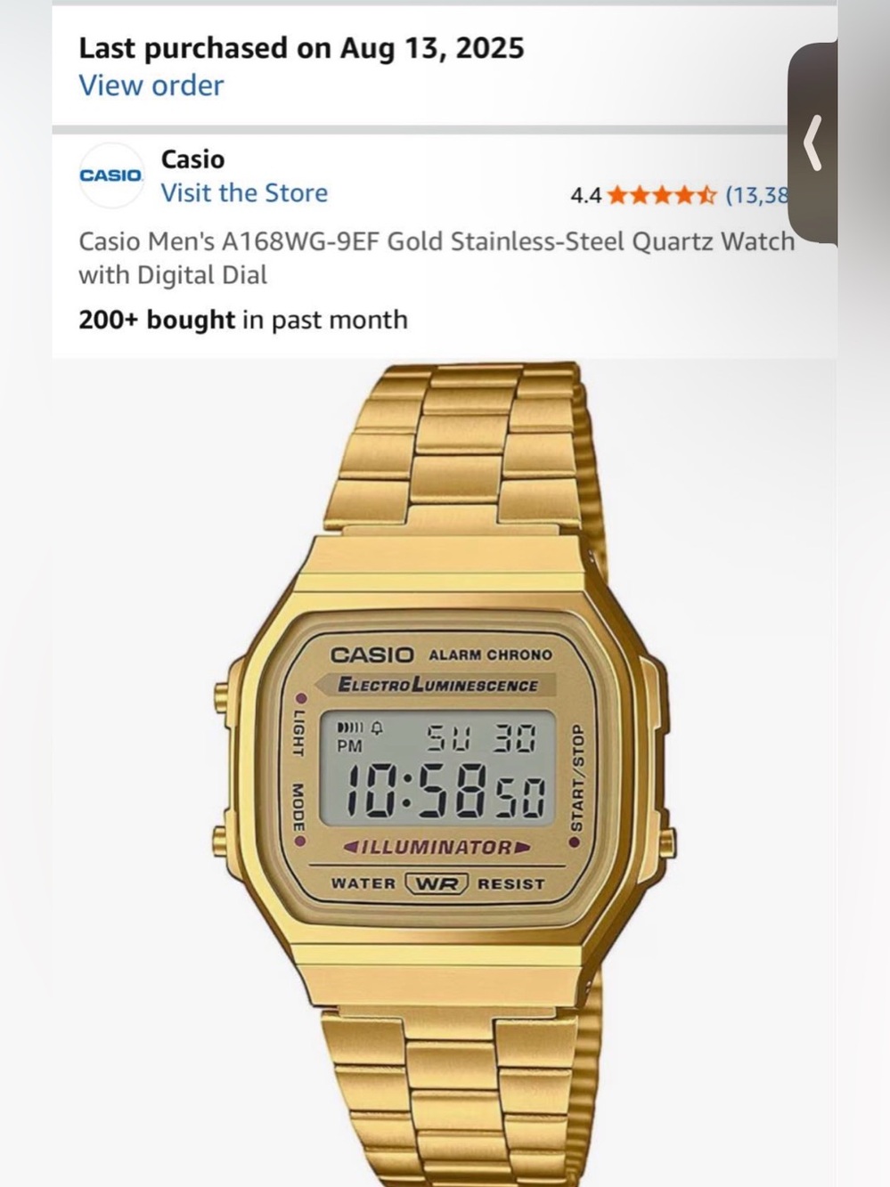 Casio Vintage Gold Digital Illuminator Watch A168W